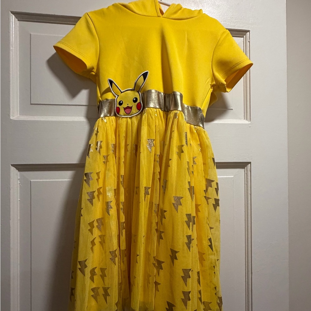 Pikachu Yellow Hooded Girls Dress with Gold Foil Accents